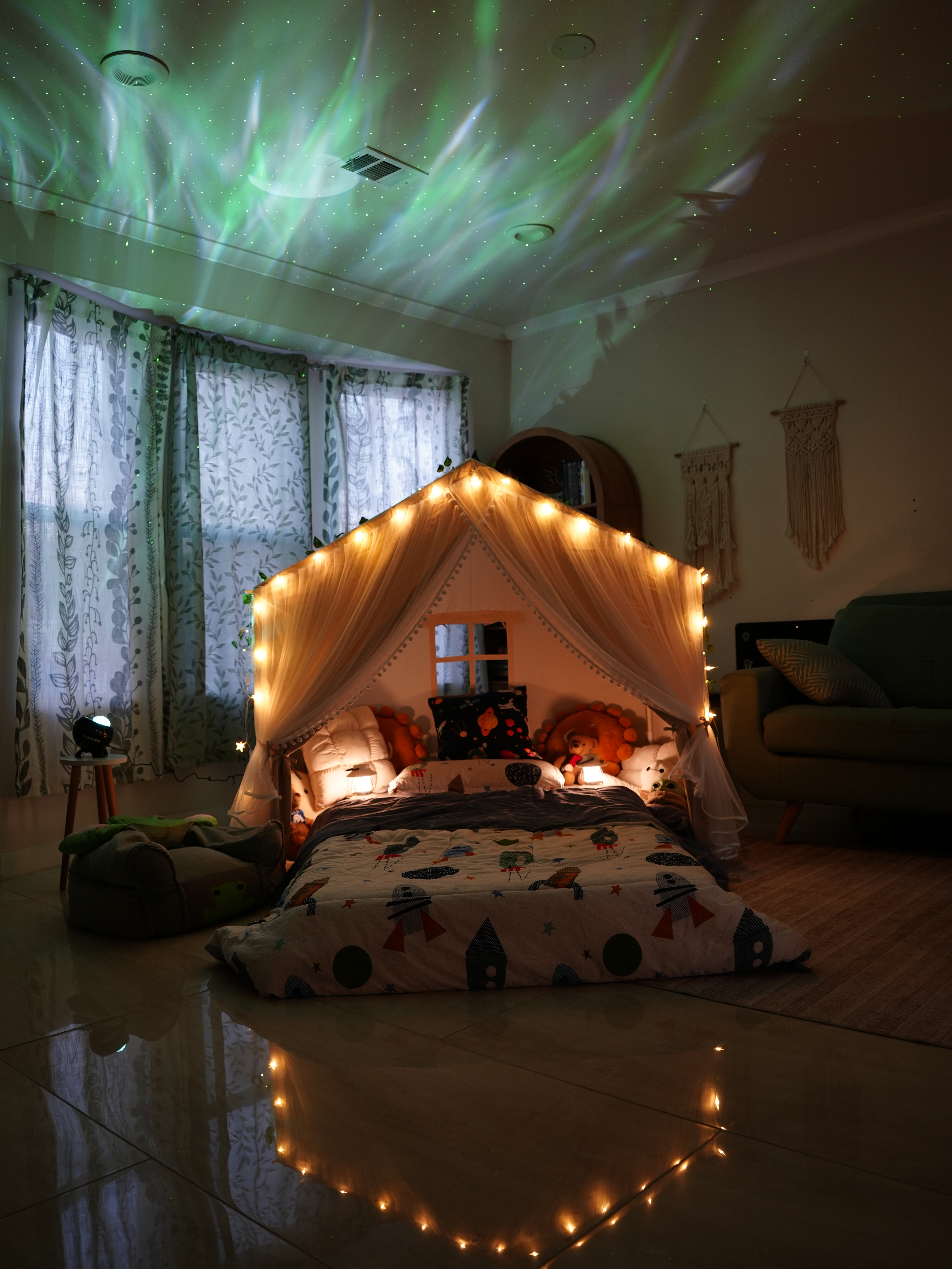 Indoor camping setup with lighting